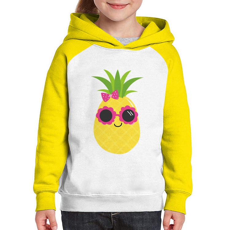 Moletom Infantil Abacaxi Óculos e Laço - Branco/Amarelo