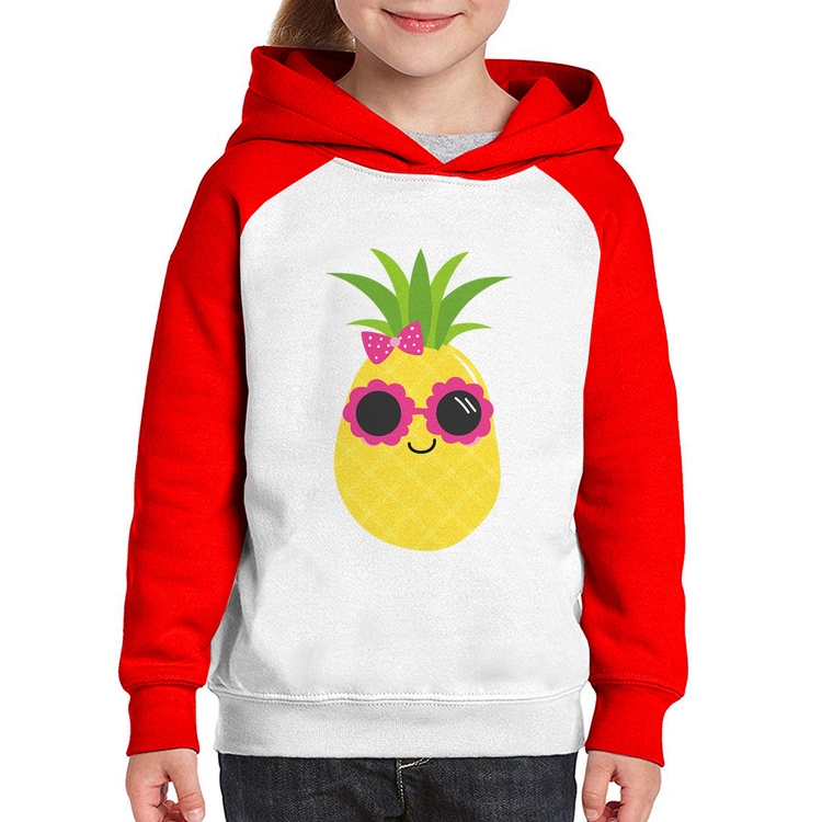 Moletom Infantil Abacaxi Óculos e Laço - Branco/Vermelho