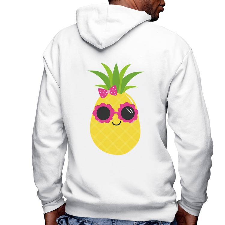 Blusa Moletom Abacaxi Óculos e Laço Masculina com Capuz e Zíper - Branca