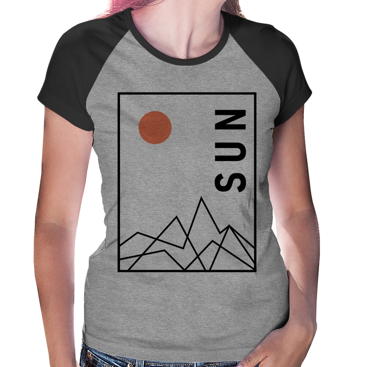 Baby Look Raglan Abstract Sun - Cinza/Preto
