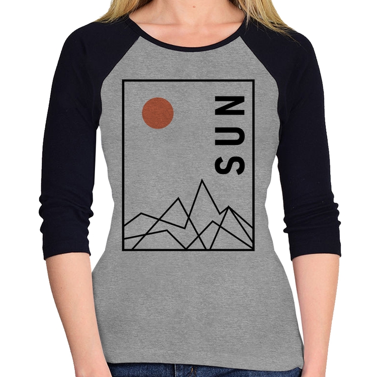 Baby Look Raglan Abstract Sun Manga 3/4 - Cinza/Preto