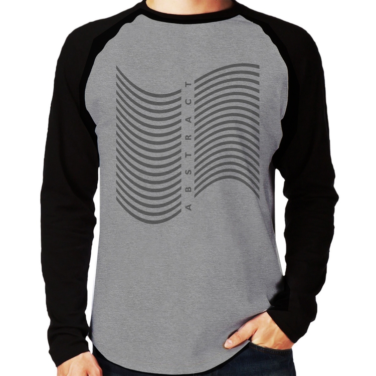 Camiseta Raglan Abstract Waves Manga Longa - Cinza/Preto