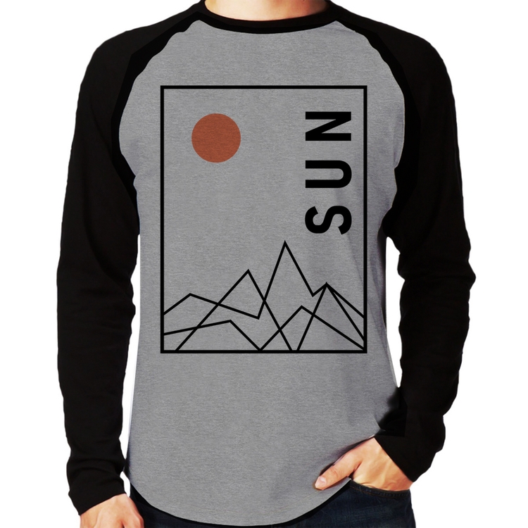 Camiseta Raglan Abstract Sun Manga Longa - Cinza/Preto