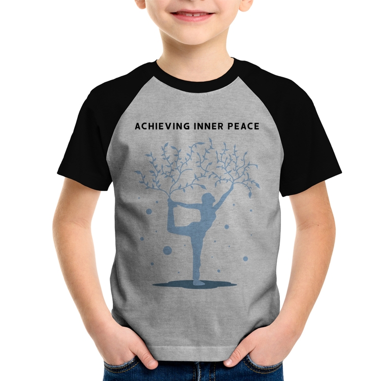 Camiseta Raglan Infantil Achieving Inner Peace - Cinza/Preto