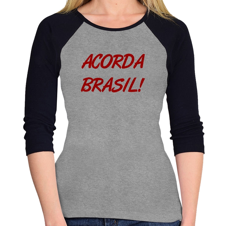 Baby Look Raglan Acorda Brasil Manga 3/4 - Cinza/Preto