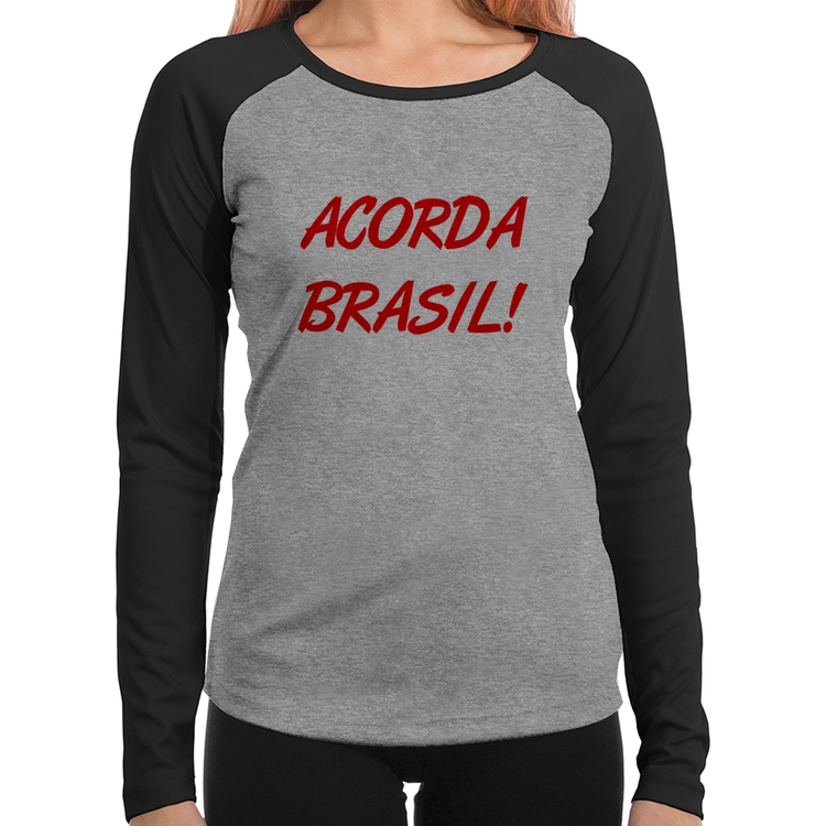 Baby Look Raglan Acorda Brasil Manga Longa - Cinza/Preto
