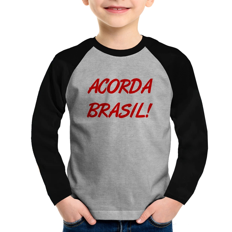 Camiseta Raglan Infantil Acorda Brasil Manga Longa - Cinza/Preto