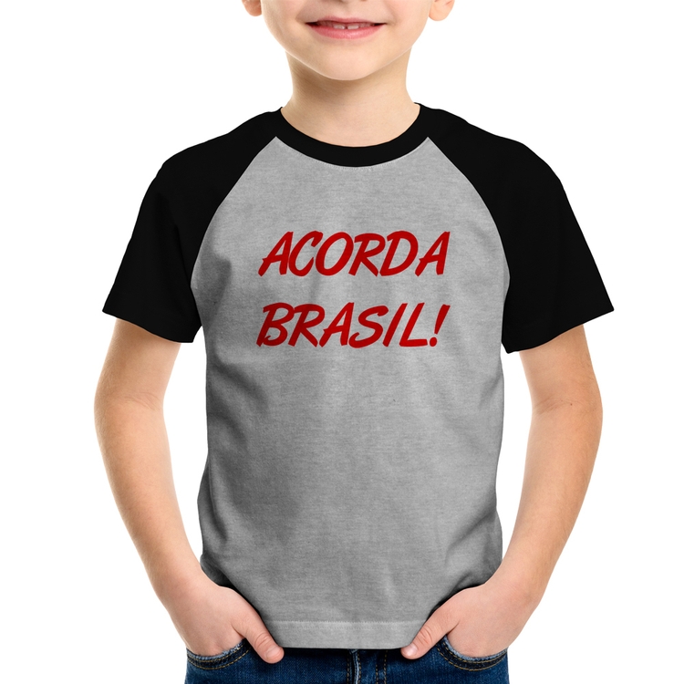 Camiseta Raglan Infantil Acorda Brasil - Cinza/Preto