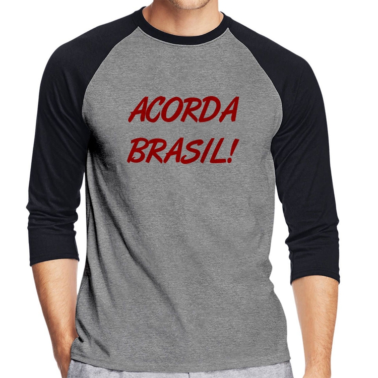 Camiseta Raglan Acorda Brasil Manga 3/4 - Cinza/Preto
