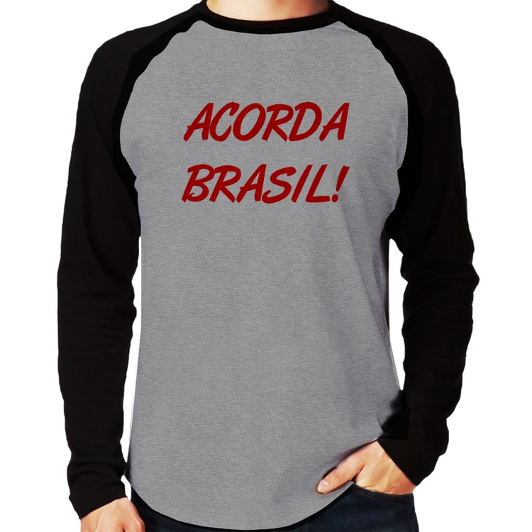 Camiseta Raglan Acorda Brasil Manga Longa - Cinza/Preto
