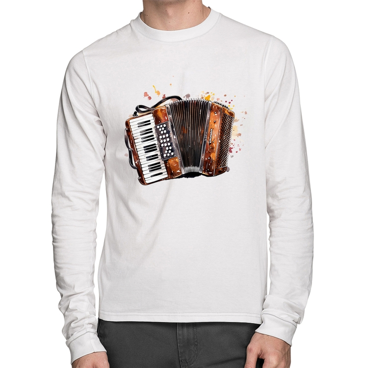 Camiseta Algodão Acordeon Sanfona Manga Longa - Branca