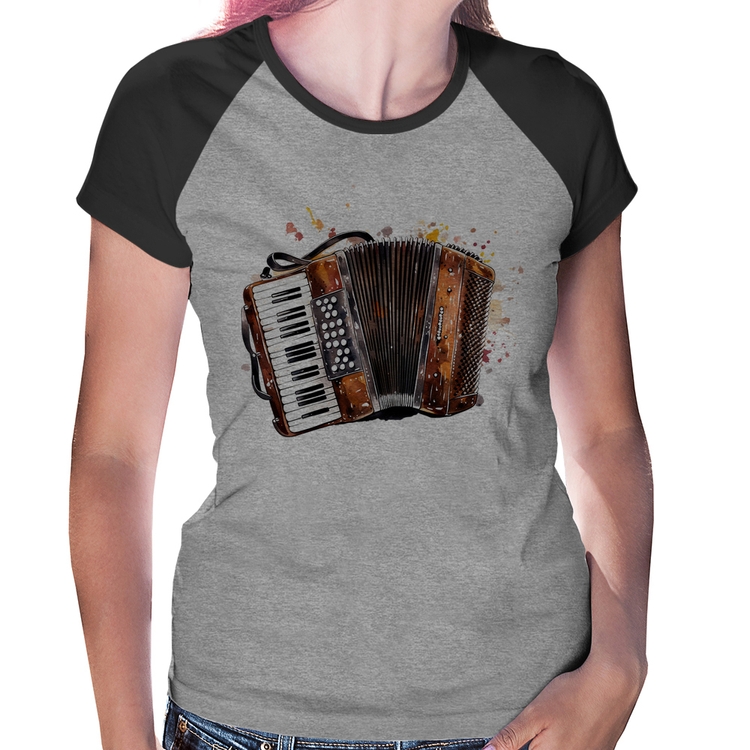 Baby Look Raglan Acordeon Sanfona - Cinza/Preto