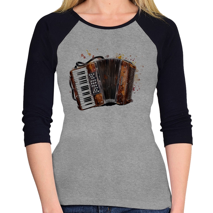 Baby Look Raglan Acordeon Sanfona Manga 3/4 - Cinza/Preto