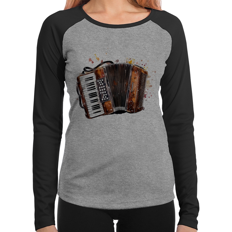 Baby Look Raglan Acordeon Sanfona Manga Longa - Cinza/Preto