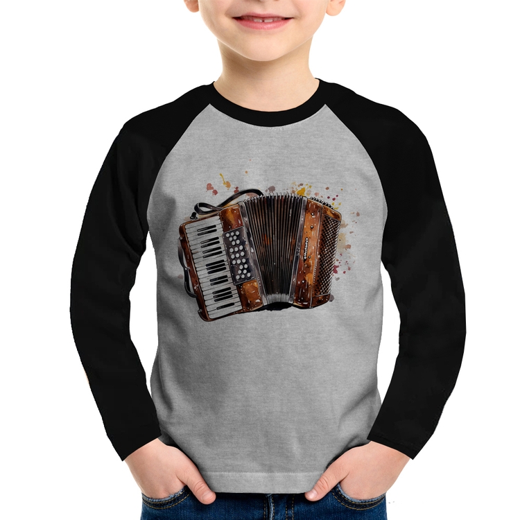 Camiseta Raglan Infantil Acordeon Sanfona Manga Longa - Cinza/Preto