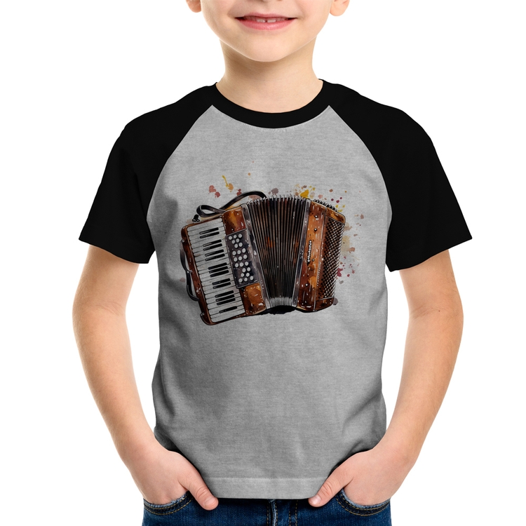 Camiseta Raglan Infantil Acordeon Sanfona - Cinza/Preto