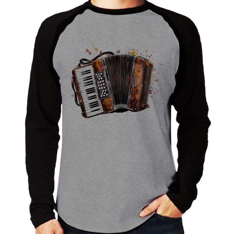 Camiseta Raglan Acordeon Sanfona Manga Longa - Cinza/Preto