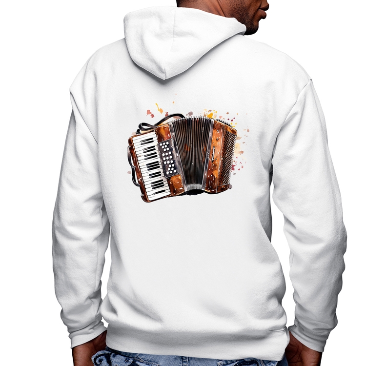 Blusa Moletom Acordeon Sanfona Masculina com Capuz e Zíper - Branca