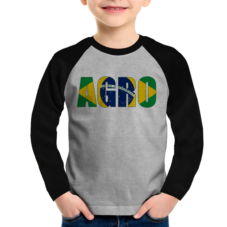 Camiseta Raglan Infantil Agro Brasil Rural Manga Longa - Cinza/Preto