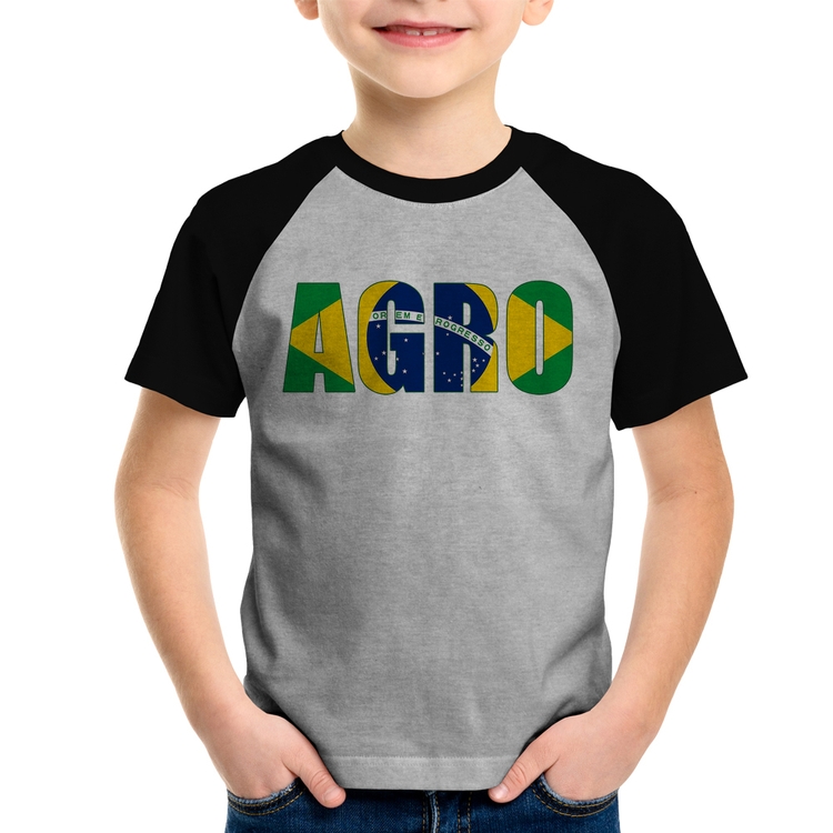 Camiseta Raglan Infantil Agro Brasil Rural - Cinza/Preto