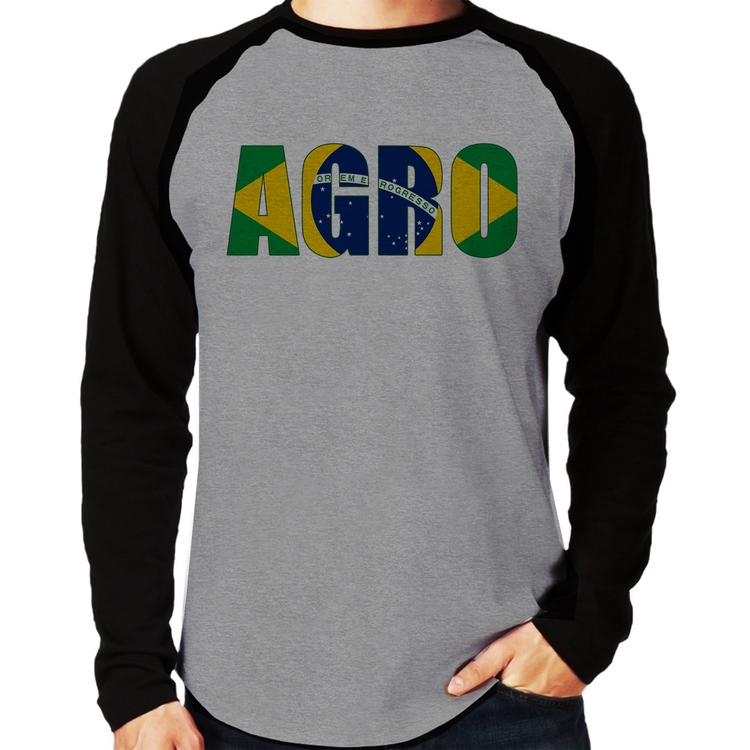 Camiseta Raglan Agro Brasil Rural Manga Longa - Cinza/Preto