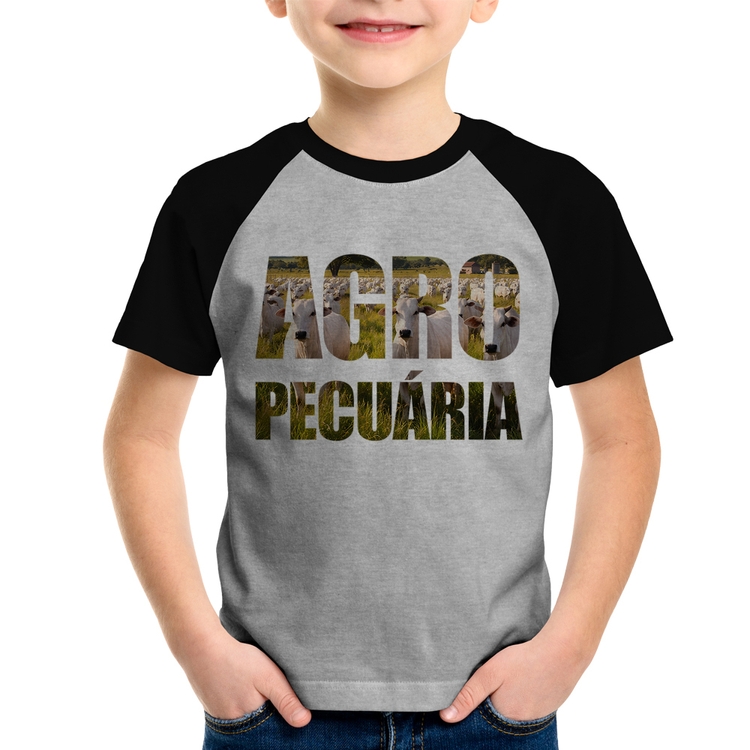 Camiseta Raglan Infantil Agro Pecuária Boi Nelore - Cinza/Preto