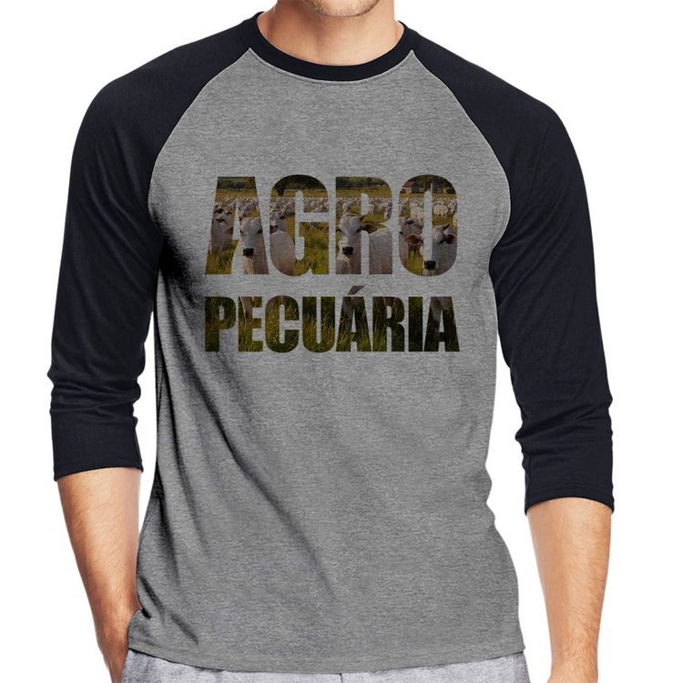 Camiseta Raglan Agro Pecuária Boi Nelore Manga 3/4 - Cinza/Preto