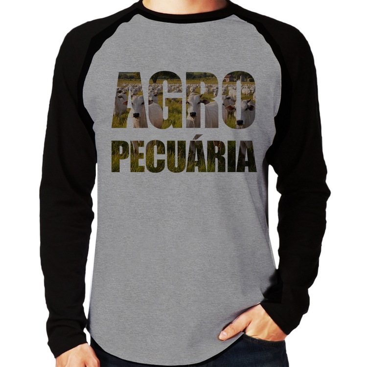 Camiseta Raglan Agro Pecuária Boi Nelore Manga Longa - Cinza/Preto