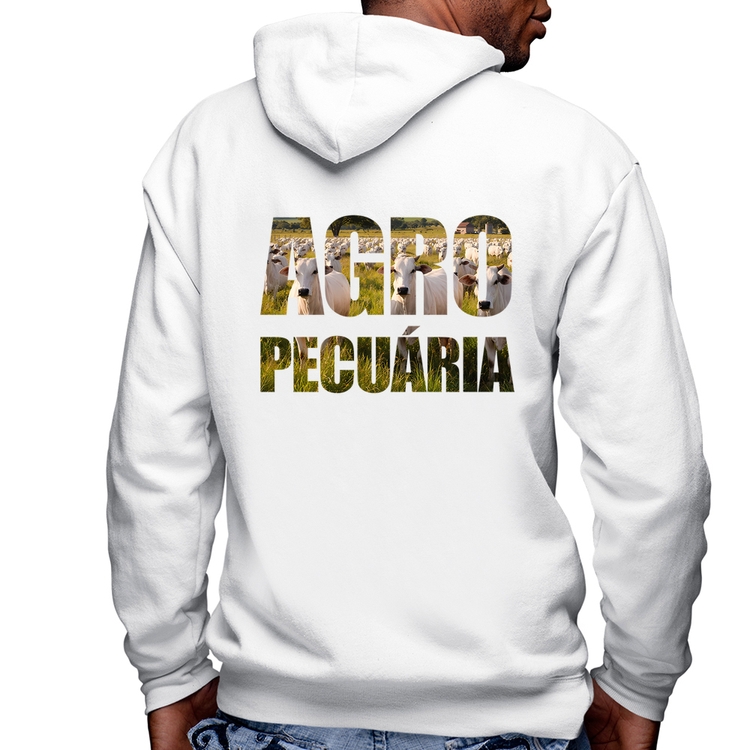 Blusa Moletom Agro Pecuária Boi Nelore Masculina com Capuz e Zíper - Branca