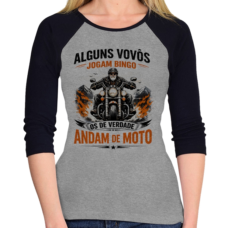 Baby Look Raglan Alguns vovôs jogam bingo, os de verdade andam de moto Manga 3/4 - Cinza/Preto