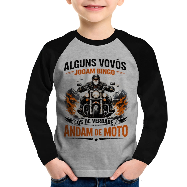 Camiseta Raglan Infantil Alguns vovôs jogam bingo, os de verdade andam de moto Manga Longa - Cinza/Preto