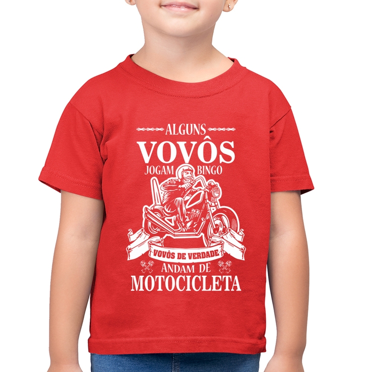 Camiseta Algodão Infantil Alguns vovôs jogam bingo, vovôs de verdade andam de motocicleta - Vermelha