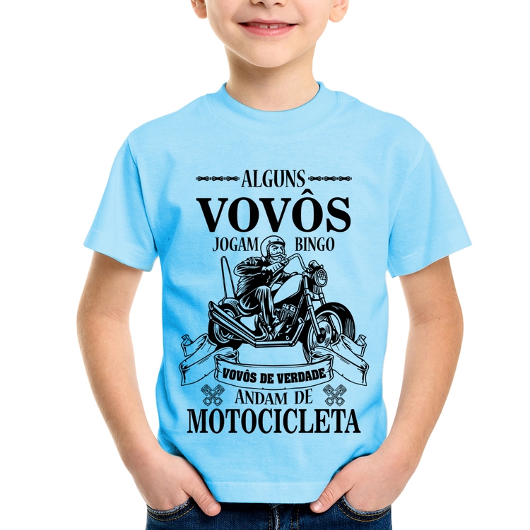 Camiseta Infantil Alguns vovôs jogam bingo, vovôs de verdade andam de motocicleta - Azul Bebê