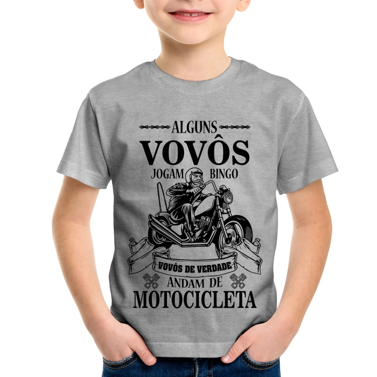 Camiseta Infantil Alguns vovôs jogam bingo, vovôs de verdade andam de motocicleta - Cinza