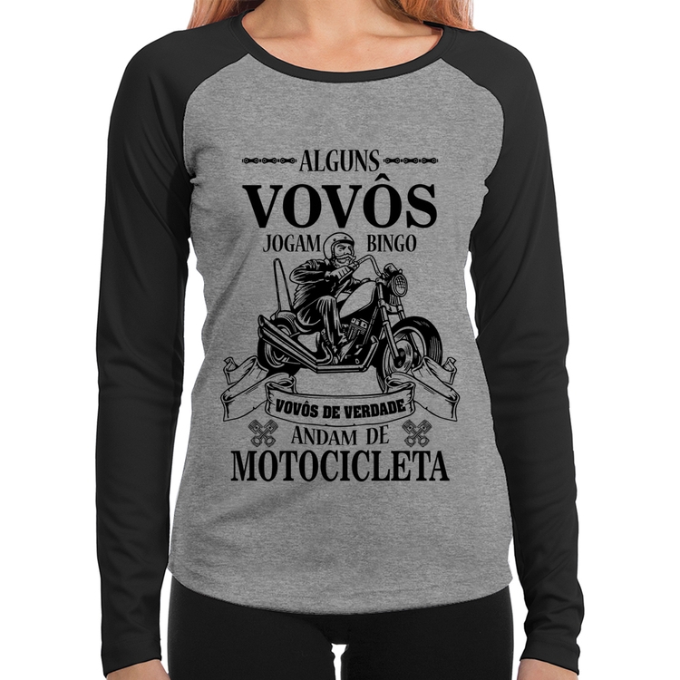 Baby Look Raglan Alguns vovôs jogam bingo, vovôs de verdade andam de motocicleta Manga Longa - Cinza/Preto