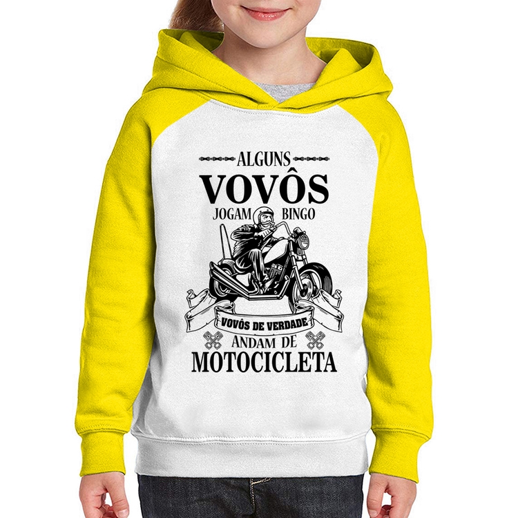 Moletom Infantil Alguns vovôs jogam bingo, vovôs de verdade andam de motocicleta - Branco/Amarelo