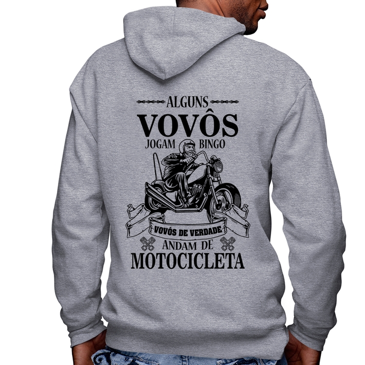 Blusa Moletom Alguns vovôs jogam bingo, vovôs de verdade andam de motocicleta Masculina com Capuz e Zíper - Mescla