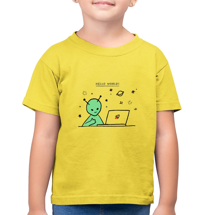 Camiseta Algodão Infantil Alien Hello World! - Amarelo Canário
