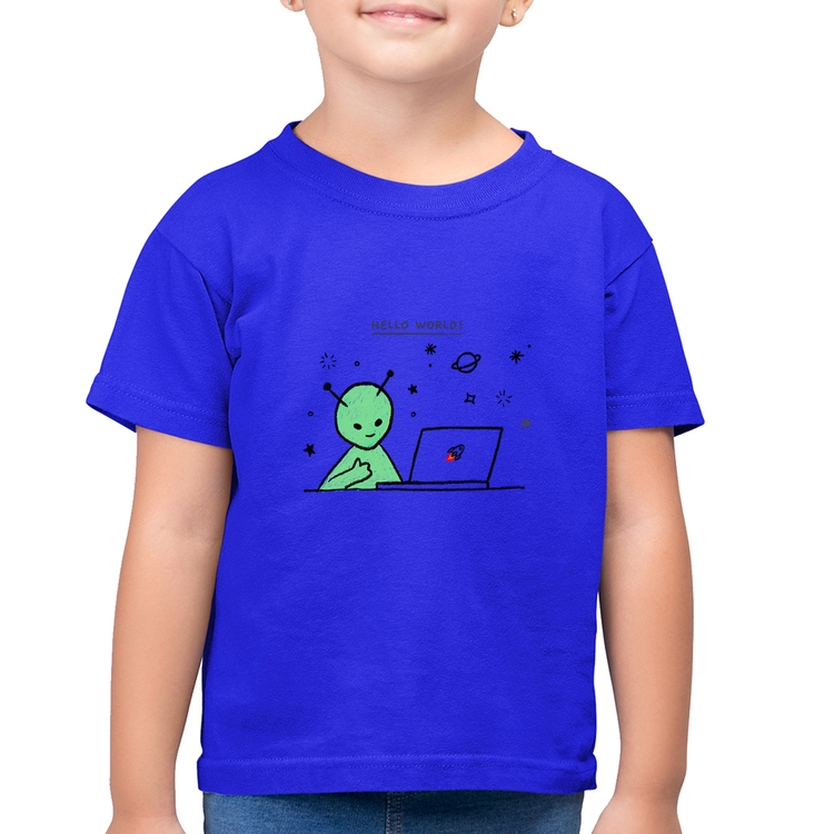 Camiseta Algodão Infantil Alien Hello World! - Azul Royal