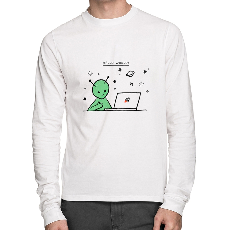 Camiseta Algodão Alien Hello World! Manga Longa