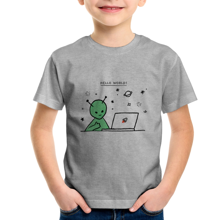 Camiseta Infantil Alien Hello World! - Cinza