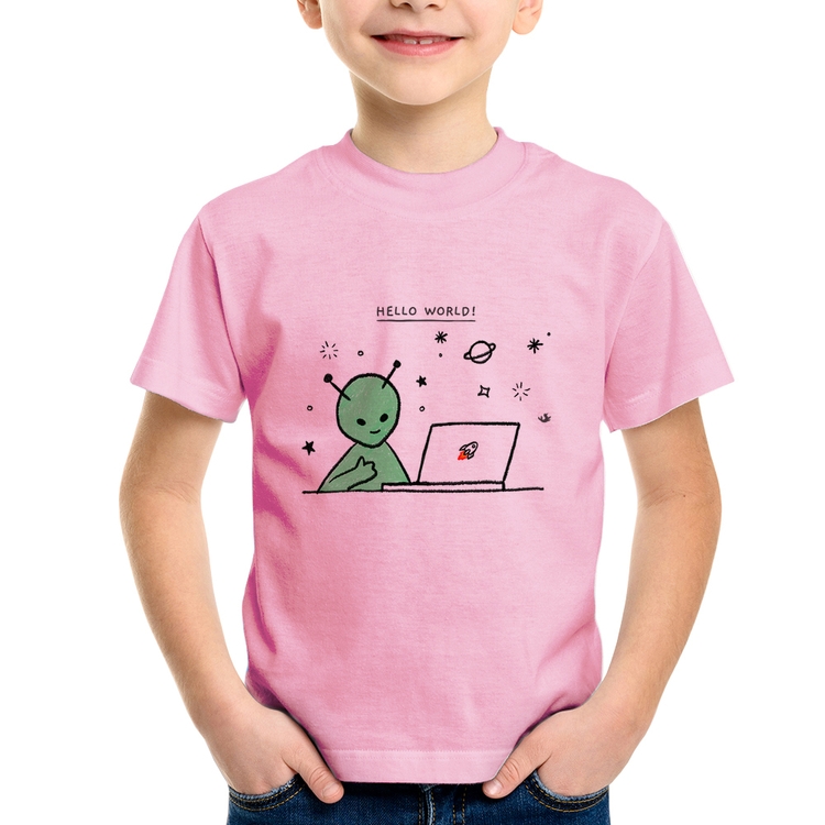 Camiseta Infantil Alien Hello World! - Rosa Bebê