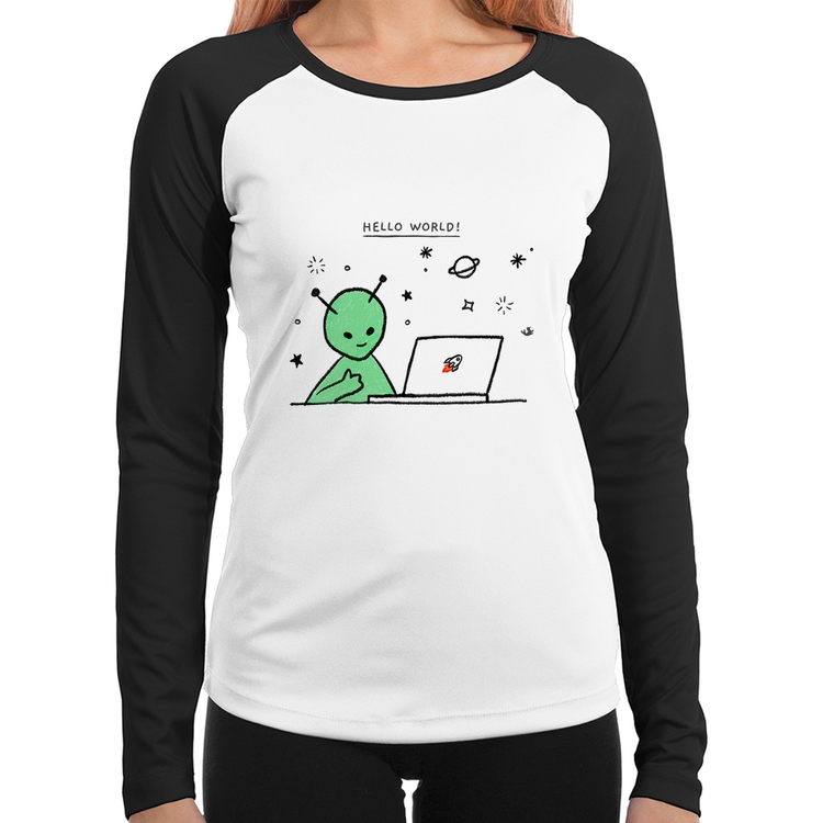 Baby Look Raglan Alien Hello World! Manga Longa