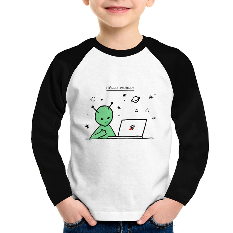 Camiseta Raglan Infantil Alien Hello World! Manga Longa