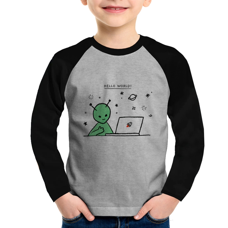 Camiseta Raglan Infantil Alien Hello World! Manga Longa - Cinza/Preto