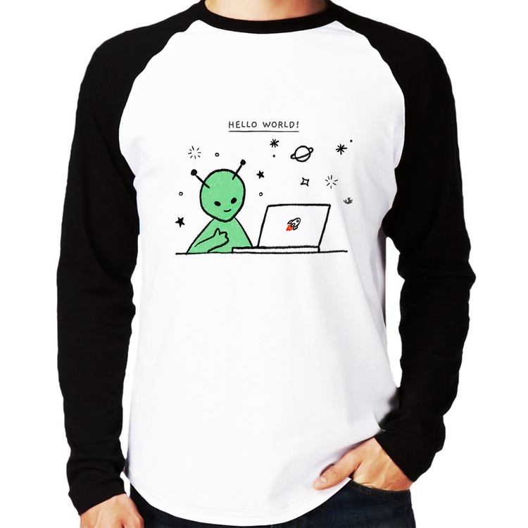 Camiseta Raglan Alien Hello World! Manga Longa