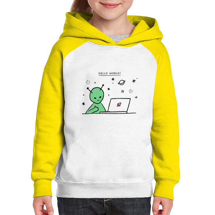 Moletom Infantil Alien Hello World! - Branco/Amarelo