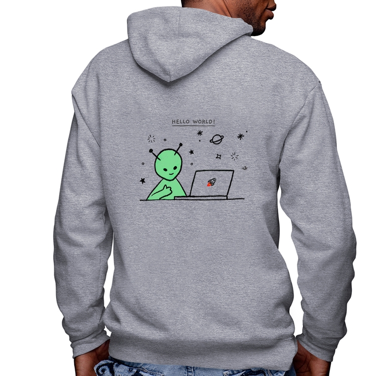 Blusa Moletom Alien Hello World! Masculina com Capuz e Zíper - Mescla