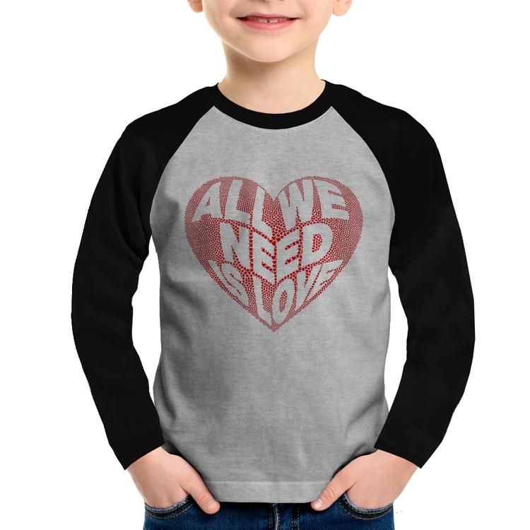 Camiseta Raglan Infantil All We Need Is Love Manga Longa - Cinza/Preto