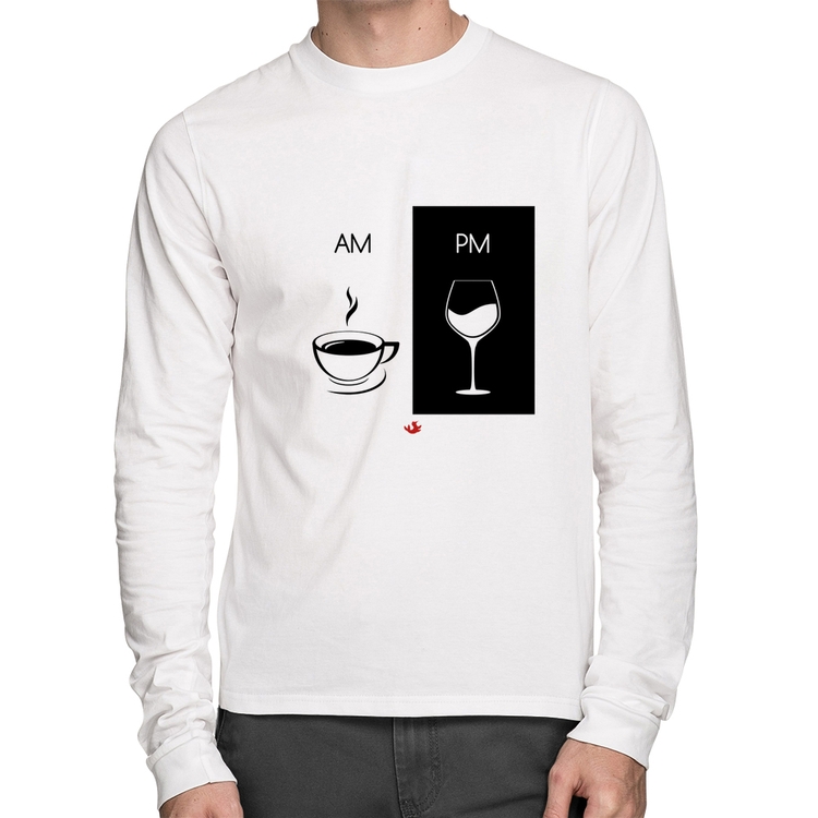 Camiseta Algodão AM Café PM Vinho Manga Longa - Branca